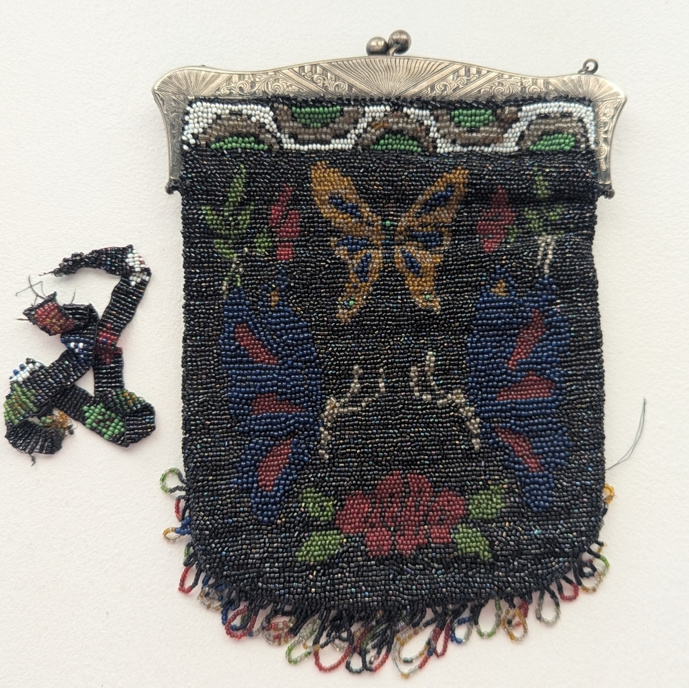 Vintage Victorian Beaded Butterfly Purse 9 X 7 AS IS NEEDS STRAP REPAIRED